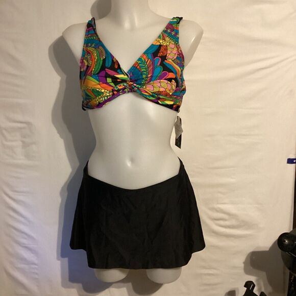 2142 NWT Bikini Bay MM38B CTBL Funky Feathers Cup Size Top with skirted bottom - Picture 1 of 5